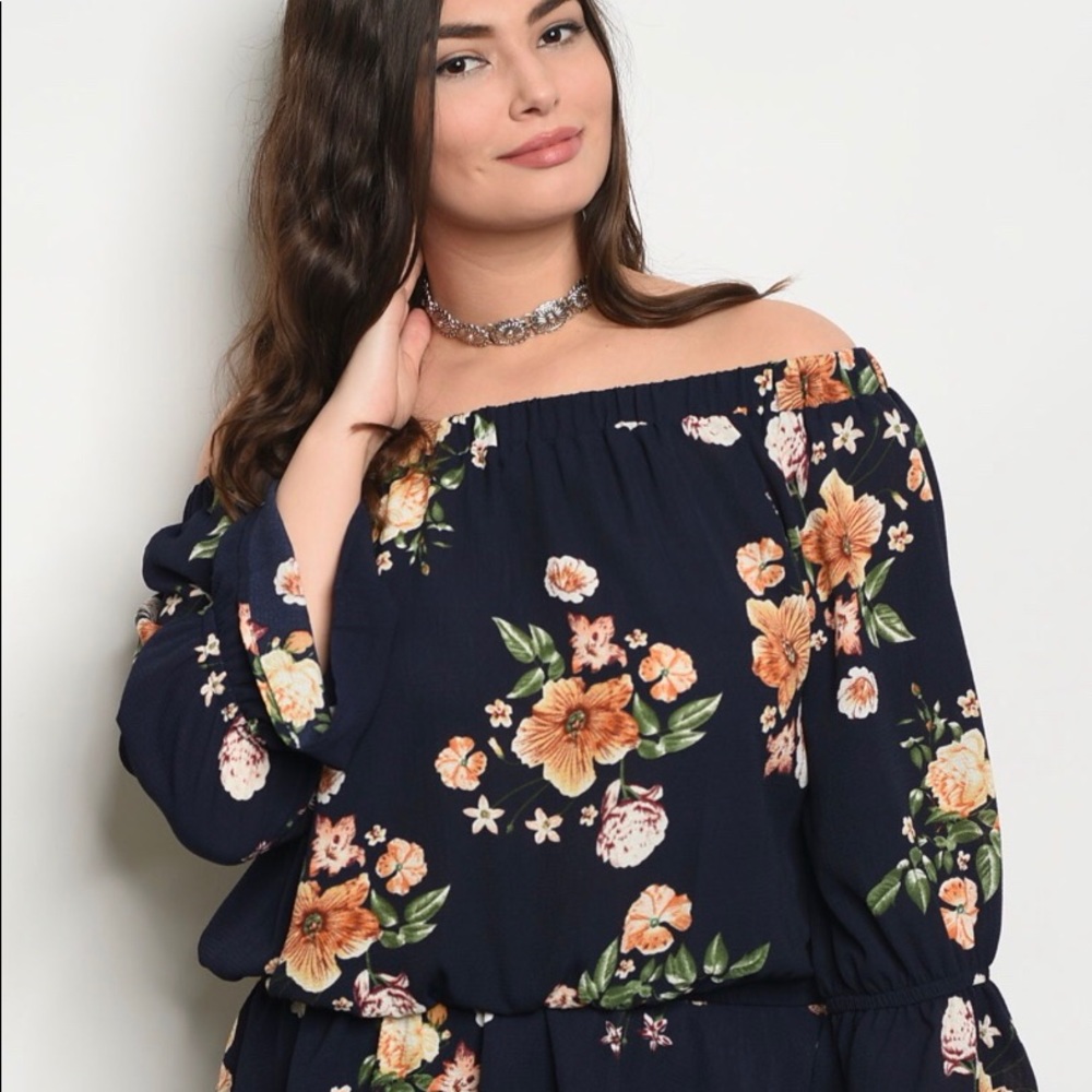 NWT Navy Floral Off Shoulder Plus Sz Top - Picture 3 of 6
